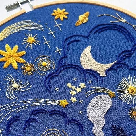 Georgie Emery on Instagram: "The night is large and full of wonders ✨🌙 Happy New Year to you all x . . The full tutorial for this design is in the latest issue of @loveembroiderymagazine . . #christmasembroidery #holidaystitching #festiveembroidery #embroideryart #christmascrafts #handmadeholidays #festivethreadwork #seasonalembroidery #christmasstitch #embroiderydesigns #embroideryinspiration #christmascrafting #christmasDIY #needlecraft #embroidery #nightsky #embroideredstars" Embroidery Hoop Projects, Night Sky Embroidery Pattern, Seed Embroidery Designs, Celestial Hand Embroidery, Moon And Stars Embroidery Design, Embroidery Pillowcases Patterns, Embroidered Night Sky, Embroidery New Year, Embroidery Designs Stars