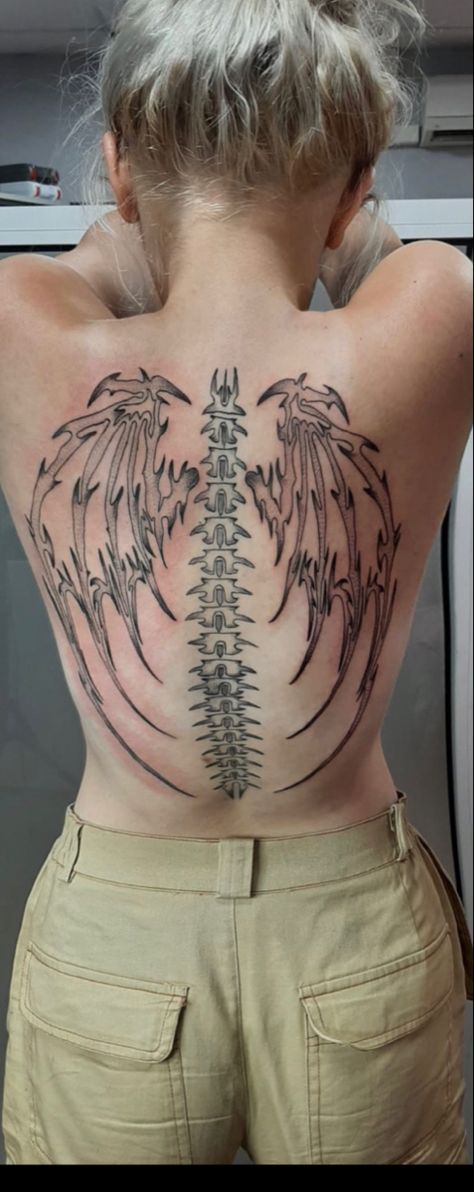 Dragon wings tattoo. Back. Back Tattoo Women Spine Wings, Back Tattoo Bones, Bone Wings Back Tattoo, Goth Back Tattoo Women Spine, Spine Neck Tattoo, Spine Tattoos Wings, Back Tattoo Wings Women, Back Bone Tattoo, Goth Spine Tattoo