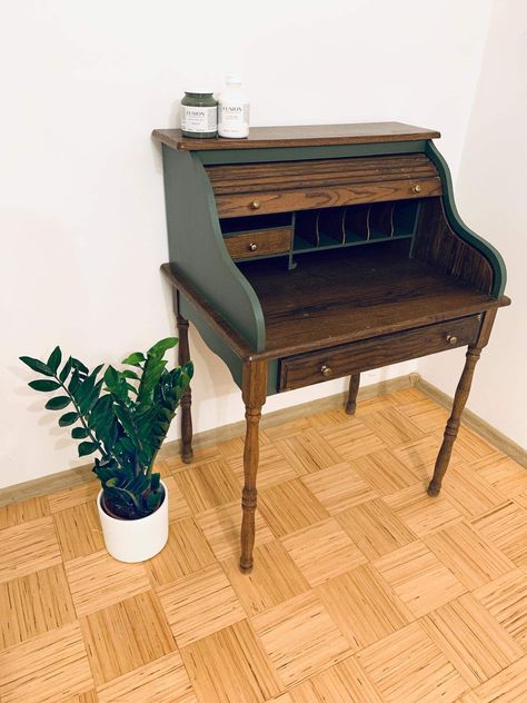 Roll Top Secretary Desk Makeover, Roll Top Desk Makeover Ideas, Desk Painting Ideas Creative, Desk Restoration Ideas, Desk Painting Ideas, Secretary Desk Makeover Ideas, Roll Top Desk Makeover, Antique Desk Makeover, Painted Desks