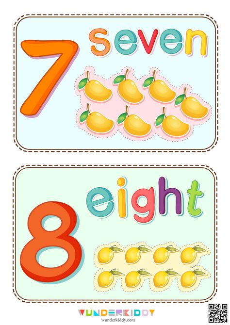 A set of educational math cards for children of 3-5 years will help them learn to count up to 10 using vegetables and fruits. This material is suitable for elementary math activities with preschoolers. On each card, you will see the number and the appropriate amount of fruits or vegetables. Print out your child's development material, cut out each card and start learning to count. Look carefully at the pictures together and ask the child to count all the objects on the cards. Ask the baby whethe Numbers Cards Printable Free, Numbers For Kids Free Printables, Activities With Preschoolers, Elementary Math Activities, Opposites For Kids, Counting To 5, Preschool Center Signs, Math Counting Worksheets, Learning Numbers Preschool