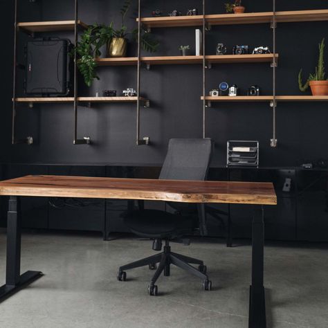 Live Edge Standing Desk, Modern Home Office With Standing Desk, Black And Walnut Office, Modern Black Office, Dark Office Aesthetic, Modern Industrial Office Design, Modern Rustic Office, Standing Desk Home Office, Dollhouse Lights