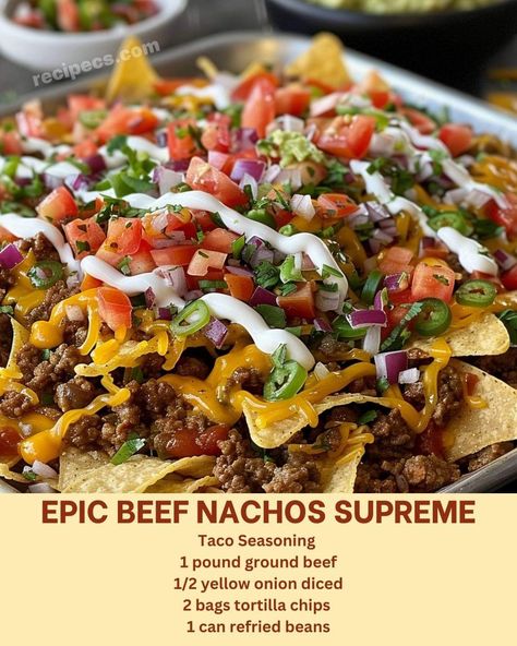 Beef Nachos Supreme, Nachos Supreme Recipe, Nachos Recipe Beef, Beef Nachos, Nachos Supreme, Nacho Toppings, Baked Tortilla Chips, Nachos Beef, Nachos Recipe