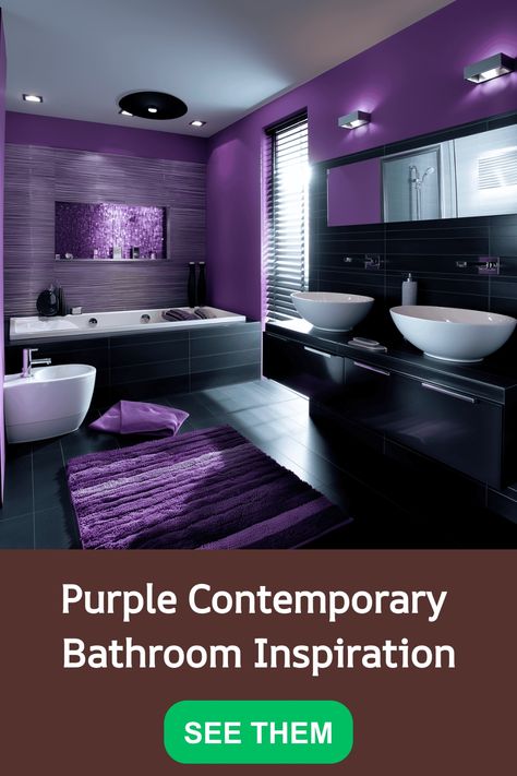 purple contemporary bathroom Contemporary Bathroom Inspiration, Inviting Bathroom, Contemporary Color Schemes, Purple Bathroom, Purple Bathrooms, Bathroom Retreat, Contemporary Bathroom Designs, Minimalist Layout, Wallpaper Walls Decor