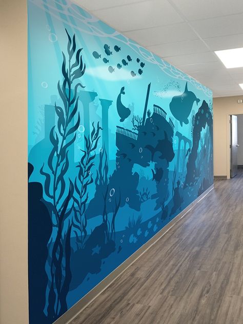 Shark Mural, Kids Bedroom Themes, Underwater Bedroom, Sea Murals, Ocean Mural, Pirate Room, Underwater Plants, Interior Murals, Underwater Art