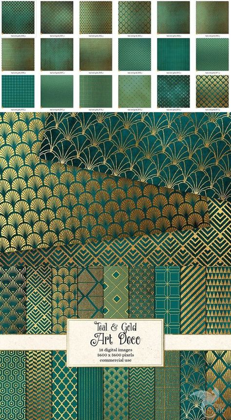 Teal and Gold Art Deco Digital Paper #tealandgold #artdeco Teal And Gold Interior, Green And Gold Fashion, Art Deco Colour Palette Interiors, Art Deco Colours Palette, 1920s Color Palette Art Deco, Teal And Gold Decor, Art Deco Inspired Bathroom, Art Deco Wall Colors, Art Deco Wall Paint