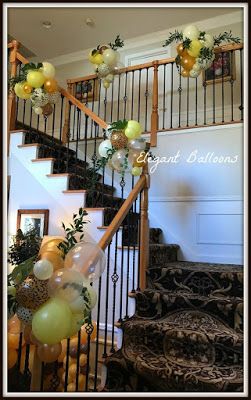 Balloon Garland For Staircase, Stair Rail Balloon Garland, Stairway Balloon Decoration, Balloons On Banister, Balloons On Stair Rail, Railing Decorations Party, Balloon Railing, Stair Railing Balloon Garland, Staircase Balloon Decoration