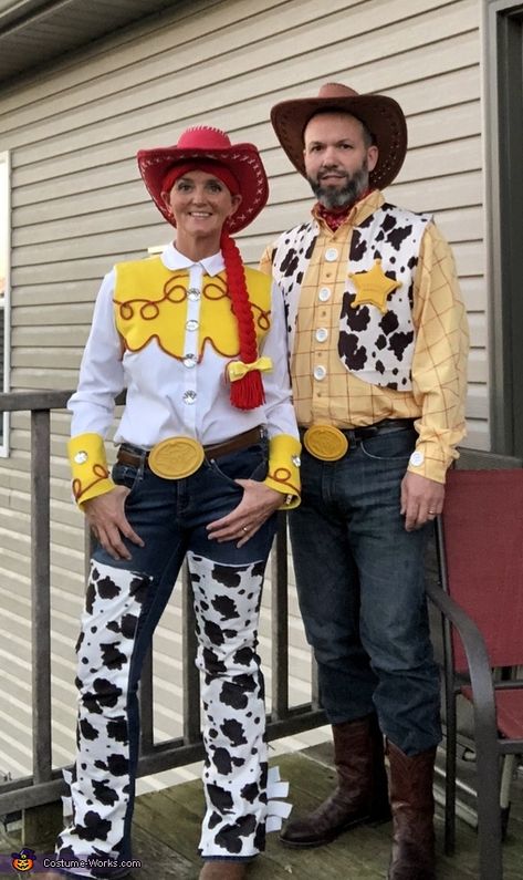 Woody and Jessie - 2018 Halloween Costume Contest Jesse And Woody Costume Couple Diy, Toy Story Jessie Costume Diy, Diy Jesse Costume Toy Story Adult, Woody And Jessie Costumes Diy, Jesse Toy Story Costume Diy, Diy Woody Costume Men, Woody And Jesse Costume Couple, Jessie Costume Toy Story Women, Jesse Toy Story Costume Women