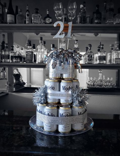 Brothers 21st Birthday Gift, Beer Can Cake Tower, Beer Present Ideas, 21st Birthday Decorations For Guys Decor, Modelo Beer Cake, Beer Cakes For Men, Diy Beer Cake, Beer Cake Tower, 21st Birthday Beer Cake