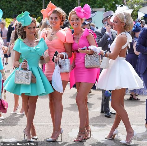 As colourful as a rainbow! Revellers wow in their very bright outfits at Royal Ascot... Ladies Day At The Races Outfit, Floral Summer Dresses, Royal Ascot Ladies Day, Ascot Outfits, Ascot Ladies Day, Mini Frock, The Berkshire, Race Day Outfits, Bright Outfits