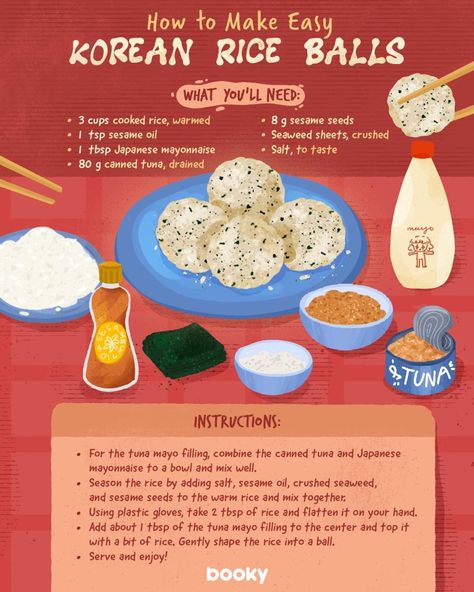 Korean Rice Balls, Homemade Recipe Books, Resipi Kek, Snack Lunch, Homemade Cookbook, Korean Rice, Recipe Drawing, Food Infographic, Quick Meal