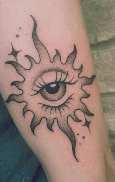 Eye Tattoo Trippy, Eye Love You Tattoo, Eye On Fire Tattoo, Eye In Sun Tattoo, Colored Patchwork Tattoo, Sun And Eye Tattoo, Sun With Eye Tattoo, Sun Fire Tattoo, Under Eye Tattoos For Women