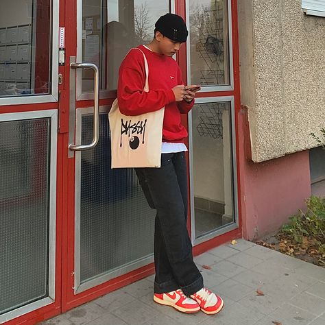 Men’s Red Sweater Outfit, Varsity Red Dunks Outfit, Red Nike Dunks Outfit Men, New Balance 550 Red Outfit Men, Nike Red Outfit, Nike Sb Dunks Outfit, Red Beanie Outfit Men, Red Crewneck Outfit Men, Nike Dunk Red Outfit