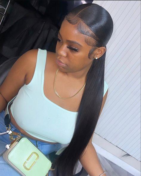 Part Down The Middle Ponytail, Ponytail Middle Part Black Women, Sleek Side Part Ponytail Weave, Ponytail Hairstyles For Black Women Middle Part, Middle Parting Ponytail, Sleek Ponytail Black Women Middle Part, Low Middle Part Ponytail, Ponytail Hairstyles Middle Part, Middle Part Ponytail Hairstyles