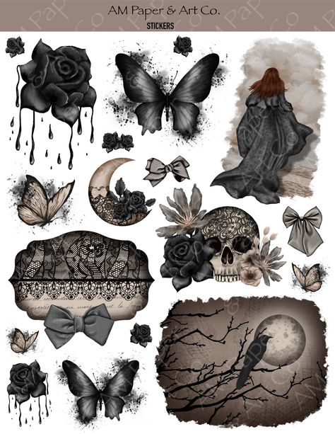 #LoveStory #RomanticEncounters #HeartfeltConnections #DateNightIdeas #SoulmateSearch #FlirtyFridays #CandlelitDinners #StarryEyedMoments #LoveQuotes #DreamyDates #WhisperedPromises #AmourAdventures Gothic Stationary Paper, Cool Printables, Witch Junk Journal Printables Free, Black Paper Scrapbook, Black Journal Stickers, Stickers To Print Out, Scrapbook Ideas Black, Journal Ideas Stickers, Digital Scrapbook Aesthetic