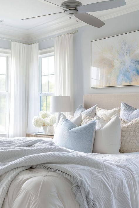 Create Your Serene Bedroom Oasis: Elegant Decor Ideas in Blue & White Pale Blue Room Aesthetic, Light Blue Cream Bedroom, White And Blue Themed Bedroom, White Cream And Blue Bedroom, Light Blue Bedroom Accents, Minimalist Bedroom Blue And White, Light Blue White And Gold Bedroom, Orange And White Bedroom Ideas, Pale Blue Master Bedrooms Decor