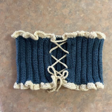 Cute navy/ivory crochet corset top Crochet Corset Back, Knitted Corset Top, Crochet Tulip Corset, Crochet Top Corset, Crochet Cowgirl Outfit, Corset A Crochet, Crochet Corset Top Pattern Free, Crochet Corsets, Crochet Underbust Corset