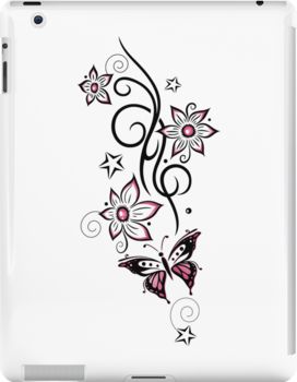 Slim impact-resistant polycarbonate case with protective lip and full access to device ports. Vibrant colors embedded directly into the case for longevity. Available for iPad 4/3/2. Beautiful female tattoo. Tendril with filigree tribal ornament, stars, big flowers and colorful butterfly. Black with pink. Design by Christine Krahl. Butterfly Tattoos For Women, Ipad Snap, Colorful Butterfly, Female Tattoo, Ipad 4, Pink Design, Big Flowers, Colorful Butterflies, Line Jackets