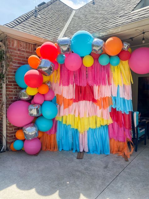 Bright Colored Party Decor, Graduation Party Ideas Bright Colors, Colorful Graduation Party Decorations, Bright Color Graduation Party, Disco Ball Balloon Garland, Bright Graduation Party, Rainbow Photo Backdrop, Rainbow Fringe Backdrop, Rainbow Party Backdrop