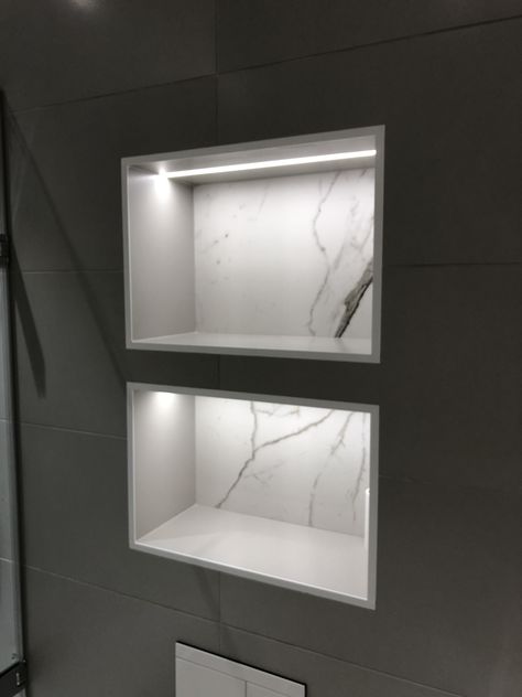 Recessed bathroom shelf marble tile recessed led strip Bathroom Wall Nish, Bathroom Nish Ideas, Recessed Shelves Above Toilet, Recessed Lighting Shelves, Bathroom Niches Above Tub, Bath With Recessed Shelf, Bathroom Niches Above Toilet, Recess Shelf Bathroom, Shower Niche Led Lighting