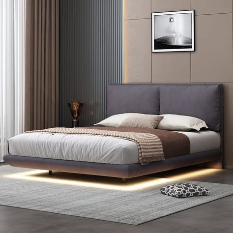 LED Floating Bed Low Profile Bed Multi-Functional Platform Bed Frame - On Sale - Bed Bath & Beyond - 39490109 Unique Bed Design, Low Profile Bed, Bed Legs, Floating Bed, Wood Frame Construction, Wood Bed Frame, Sensor Light, Upholstered Bed Frame, Comfortable Bedroom