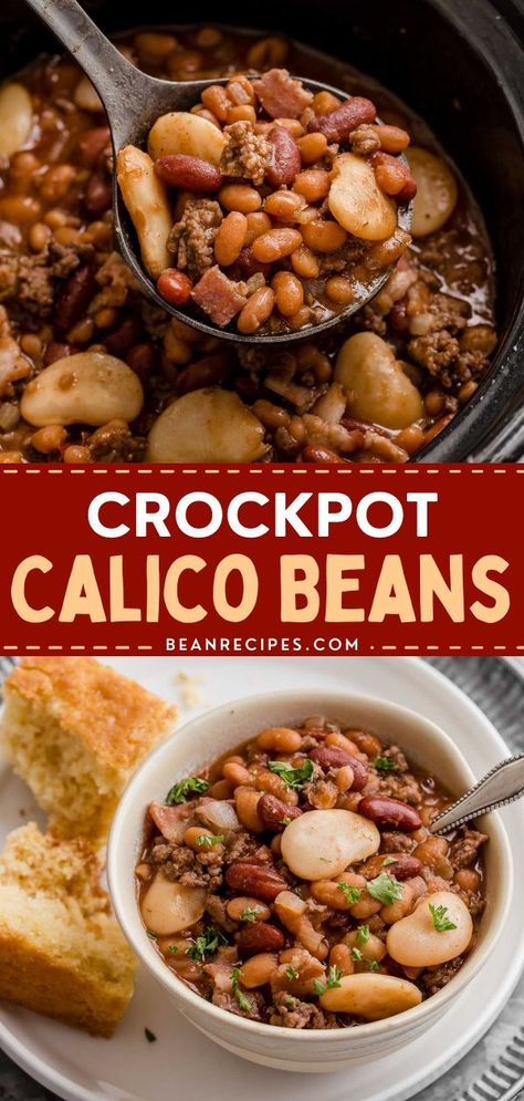 Calico beans in the slow cooker will be your go to baked bean recipe! It is a mix of 3 different beans baked with ground beef and bacon. This crockpot bean recipe is perfect for potlucks and is so easy to make! Save this pin! Crockpot Bean Casserole, Beans And Meat In Crockpot, Seven Bean Casserole, Bean Hamburger Recipes, Party Beans Crock Pot, Yummy Beans Recipe, Cosmic Beans Recipe, Crock Pot Calico Beans, 5 Bean Casserole Crock Pot