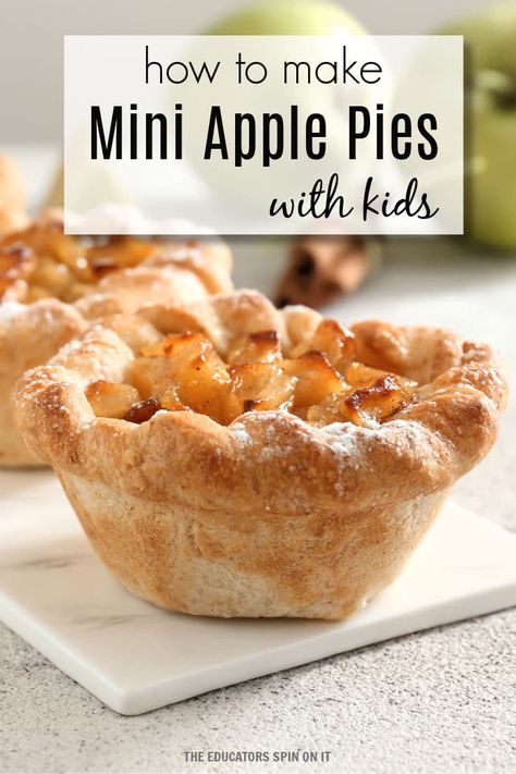 A perfect recipe for fall with kids! Create this easy to bake mini apple pie recipe with your child. A fun way to learn about baking in the kitchen with an apple themed book for kids. Fall With Kids, Apple Recipes For Kids, Classroom Recipes, Classroom Cooking, Mini Apple Pie Recipe, Baking With Toddlers, Mini Apple Pie, Preschool Cooking, Recipe For Fall