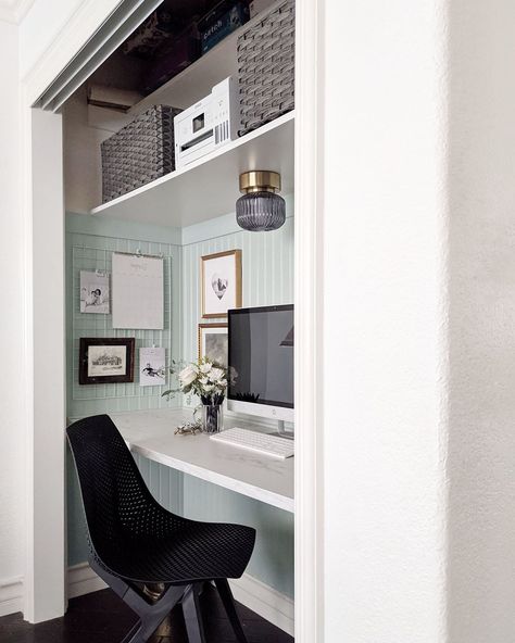 From Closet to Office (A Cloffice!) | Clare Blog Closet In Home Office, Office Desk In Closet Built Ins, Closet To Desk Space, Tiny Office Space Ideas Closet, Desk And Mudroom, Desk Area In Closet, Small Office In Closet, Transform Closet Into Office, Closet Made Into Office