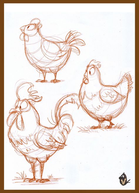 Animal Character Design References, Chicken Animal Drawing, Cute Chicken Illustration, Animal Study Sketch, How To Draw A Chicken, Chicken Illustration Design, Chicken Doodle Drawing, Animal Cartoon Drawings, Cute Animal Character Design