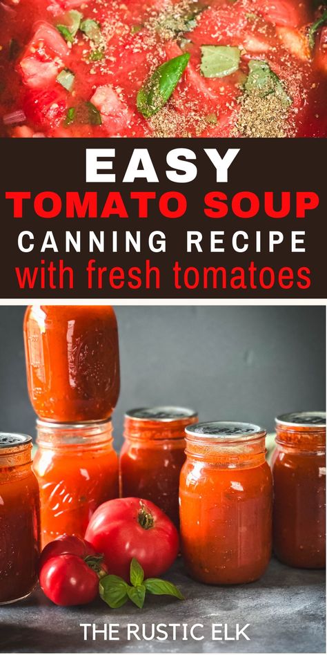 Looking for a delicious tomato soup recipe for home canning? This easy tomato soup recipe is delicious, so much better than store bought, and simple to can using a pressure canner right at home! Tomato Soup Recipe To Can, Home Canned Tomato Soup Canning Recipes, Canning Tomato Soup Recipes, Pressure Canned Tomato Soup, How To Can Tomato Soup Water Bath, How To Can Homemade Soup, Ball Tomato Soup Canning Recipe, Soups To Pressure Can, Homemade Tomato Soup Canning Recipe