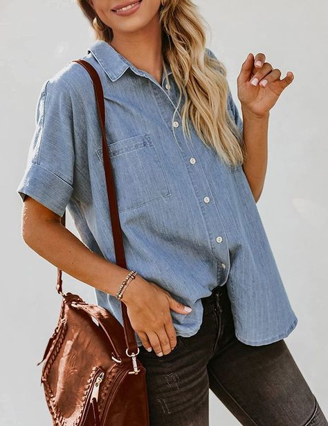 Amazon Finds // Complete your classic look wearing this light blue short sleeves button down denim shirt. Short Sleeve Denim Shirt Outfit, Cropped Button Up Shirt Outfit, Denim Shirt Outfit Women, Denim Shirt Outfit, Short Sleeve Denim Shirt, Casual Denim Shirt, Short Sleeve Denim, Light Blue Shorts, Boyfriend Style