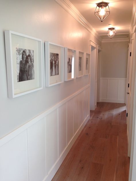 Board And Batten Hallway With Pictures, Hallway With Frames, Gallery Wall Long Hallway, Gallery Wall Hallway Narrow, Frames In Hallway, Hallway Molding, Gallery Hallway, Hallway Gallery, Hallway Gallery Wall