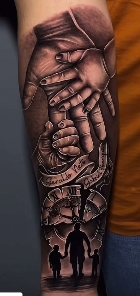 Sleeve Family Tattoos For Guys, Family Tattoos Sleeve, Wife And Kids Tattoo For Men, Tattoos For Kids Dad, Fatherhood Tattoos For Men, Sons Name Tattoo Ideas For Men, Kid Tattoos For Dad, Sleeve Tattoos For Guys Family, Children Tattoos For Men