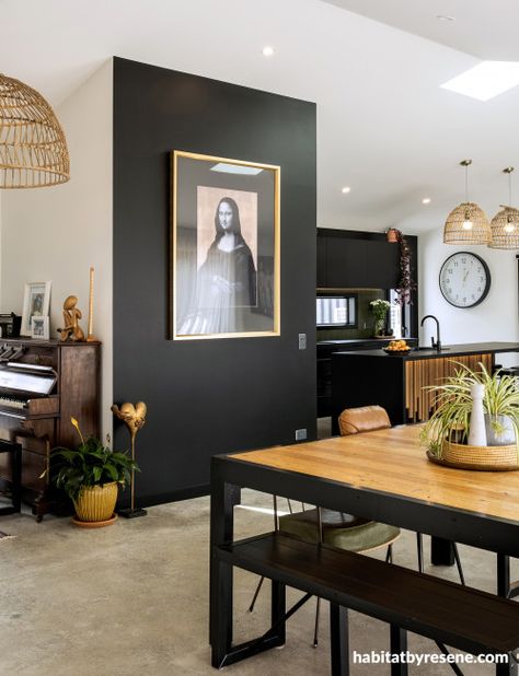 This home shows why you shouldn’t fear using edgy Resene Black on your walls | Habitat by Resene Colour Home, Resene Colours, Matte Black Kitchen, Concrete Flooring, Paint Colour, One Bedroom Apartment, Sleepless Nights, Internal Doors, Black Kitchens