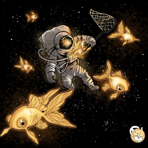 Golden fish in the space t-shirt Space Fish Art, Golden Fish Aesthetic, Golden Fish Drawing, Golden Sketch, Fish In Space, Astronaut Drawing, Astronaut Illustration, Halley's Comet, Day Of The Shirt