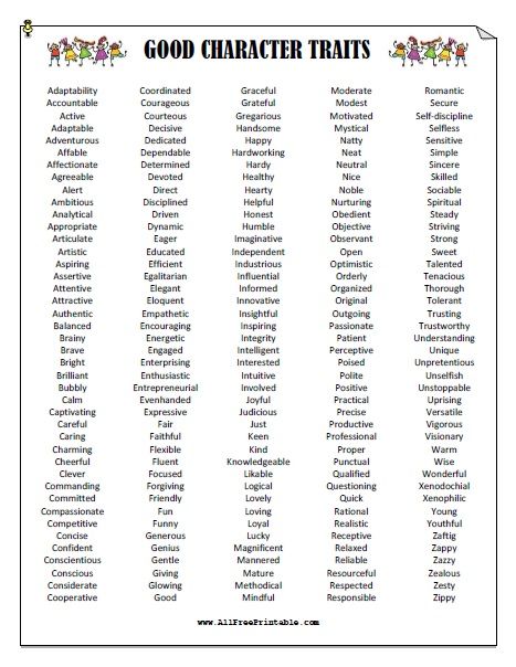 Free Printable Good Character Traits List. Free Printable Good Character Traits List that you can use to teach your students about Good Character Traits at school. The Good Character Traits List includes the 210 Good Character Traits organized in alphabetical order. Print all Good Character Traits List that you need to hand out to your children at home or students Positive Traits For Characters, Character Traits For Kids, Character Traits Writing, Character Checklist, Character Traits List, Kindergarten Graduation Ideas, Character Trait Worksheets, Good Character Traits, Therapy Goals