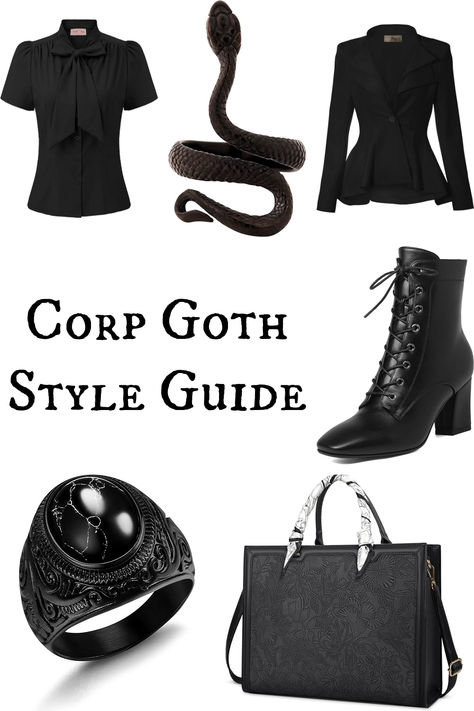 The grown up goth's answer to the corporate work force: corp goth. Elevate key office outfit components - think blazers, pencil skirts and trousers - by mixing in your spooky style. Soft Goth Work Outfits, Amazon Goth Clothes, Goth Style In Your 40s, Corporate Witch Outfit, Corp Goth Aesthetic, Gothic Work Outfit Corporate Goth, Corporate Goth Capsule Wardrobe, Corporate Goth Fashion, Witchy Office Outfit