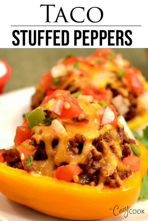 These healthy, low carb Taco Stuffed Peppers are oven baked and can be made with ground beef, turkey, or shredded chicken! And easy weeknight dinner with endless topping options! #stuffedpeppers #taco #mexican #healthy #lowcarb Mexican Style Dinner, Ground Beef Taco, Taco Stuffed Peppers, Beef Taco, Low Carb Tacos, Ground Beef Tacos, Healthy Mexican, Calorie Meals, Healthy Tacos