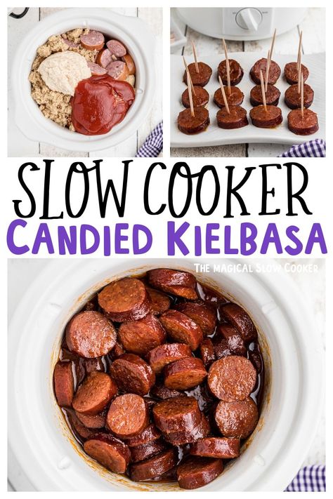 Candied Kielbasa, Kielbasa Sausage Recipes, Kielbasa Appetizer, Crockpot Snacks, Crockpot Party Food, Kielbasa Bites, Kielbasa Recipe, Slow Cooker Candy, Slow Cooker Kielbasa