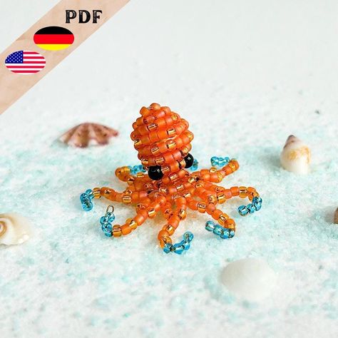 These two octopuses take you into the underwater world. Here you can find instructions on how to make the beaded animals. The file can be downloaded in both German and English. The following materials are required: Seed beads in sizes 2.2 mm (11/0) and 2 mm (12/0) Round beads 3 mm (for the eyes) and 8 mm Wire (diameter 0.3 mm) Personally, I love beads that glow in the dark and used them for the purple octopus. You can find them online by searching for "glow in the dark seed beads," but they are