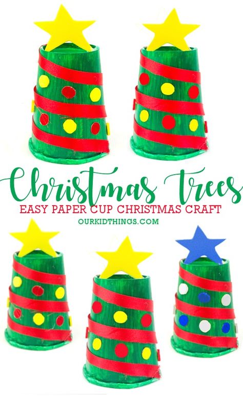 Paper Cup Christmas Tree Craft - Our Kid Things Paper Cup Christmas Tree, Paper Cup Christmas Crafts, Christmas Tree Art Projects For Kids, Advent Preschool, Cup Christmas Tree, Paper Cup Crafts, Christmas Art For Kids, Christmas Tree Craft, Christmas Activities For Families