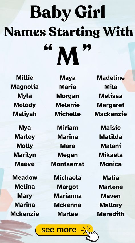 Charming baby girl names starting with M. Unique and lovely options for your little princess.

#BabyNames  #MNames M Female Names, M Names For Girls, M Girl Names, C Baby Boy Names, Names Starting With M, M Baby Girl Names, List Of Girls Names, Baby Name Generator