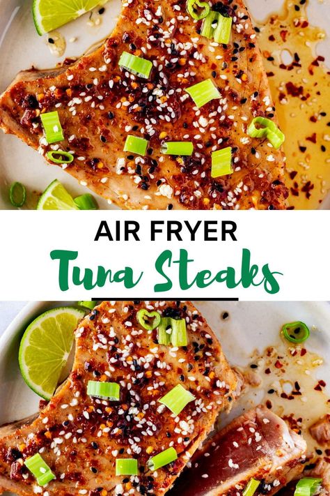 This Air Fryer Tuna Steak recipe is perfect for a restaurant-quality meal that involves barely any work. With a sweet heat ginger soy marinade, this flavor-packed dish is perfect for when you are craving a little flavor thrill. Frozen Tuna Steaks In Air Fryer, Fresh Tuna Steak Recipes Air Fryer, Yellow Fin Tuna Steak Recipes Air Fryer, Yellowfin Tuna Steak Recipes Air Fryer, Mahi Tuna Steak Recipe, Tuna Steak Air Fryer Recipes, Air Fryer Tuna Steaks, Asian Tuna Steak Recipes, Ahi Tuna Air Fryer