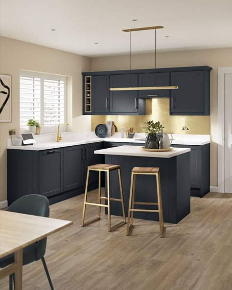 Kitchen Inspo Blue Cabinets, Navy Industrial Kitchen, Ikea Navy Kitchen, Navy Kitchen Dining Room, Magnet Kitchen Luna, Blue Kitchen Units, Navy Blue And Cream Kitchen Ideas, Navy Kitchen Small, Kitchen Diner Ideas Small