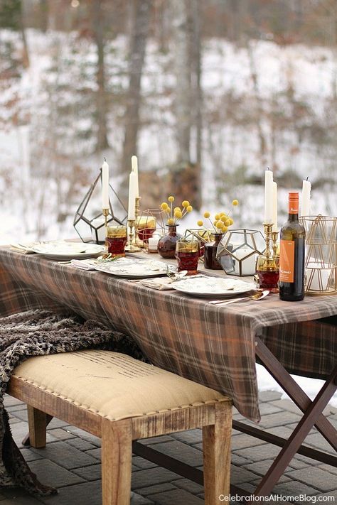 Winter dinner party inspiration; winter entertaining; snowed in party; entertaining at home tablescape Winter Outdoor Dining, Cabin Dinner Party, Winter Garden Party, Winter Dinner Party, Entertaining Menu, Winter Entertaining, Winter Picnic, Winter Tablescapes, Table Garden