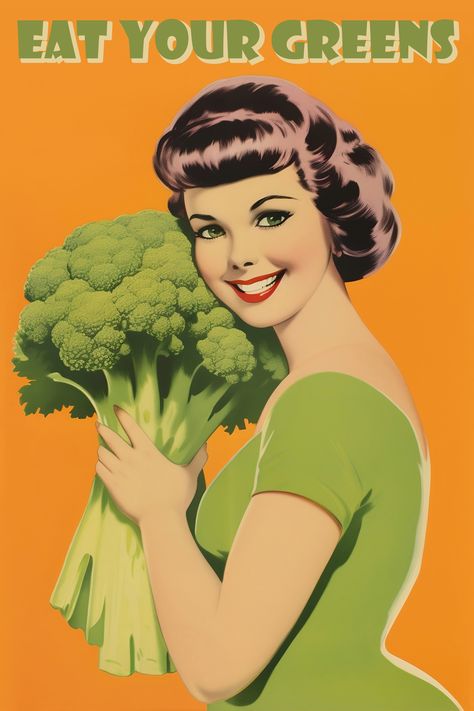 Funny Broccoli Print Vegetarian Wall Art Retro Food Posters Vintage Ads, 50s Posters, Vintage Kitchen Posters, Broccoli Art, Kitchen Posters Printable, Retro Food Poster, Cooking Poster, Vintage Food Posters, Jenny Wren