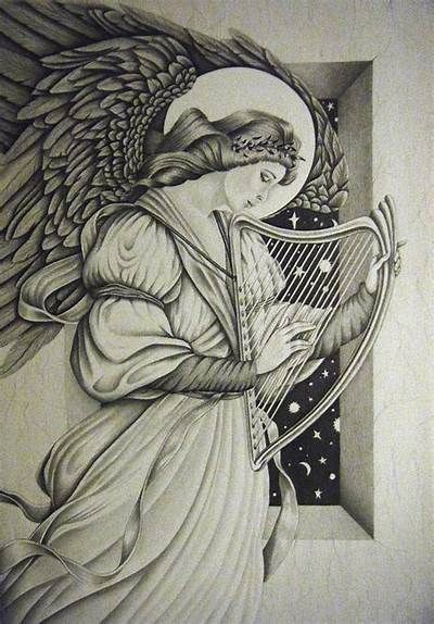 Angel Harp Tattoo, Angel With Harp Tattoo, Harp Sketch, Harp Drawing, Angelic Beauty, Beginner Sketches, Gothic Angel, Stickers Ideas, Beauty Drawings