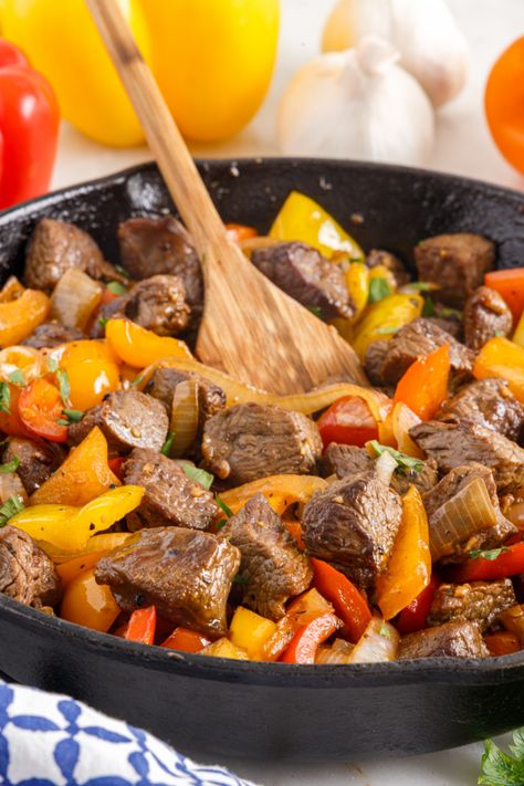 These Beef Tips and Peppers recipe is an incredibly easy dish that’s full of rich meaty flavor, and is the perfect weeknight dinner. via @familyfresh Beef Tips Peppers And Onions, Crockpot Chicken Cordon Bleu, Beef Tips And Gravy, Leftover Beef, Top Sirloin Steak, Fresh Meals, Family Fresh Meals, Beef Tips, Chicken Cordon Bleu