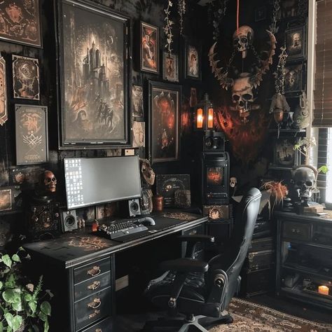 Horror Office Ideas, Alt Interior Design, Gothic Office Aesthetic, Corporate Goth Office Decor, Witchy Pc Setup, Gothic Pc Setup, Dark Boho Office, Gothic Office Ideas, Witchy Desk Setup