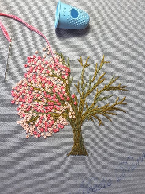 Hand Embroidered Tree, Cherry Blossom Embroidery Pattern, French Knot Embroidery Designs, Cherry Blossom Embroidery, Embroidery Guide, Blossom Embroidery, Wallpaper City, Ribbon Embroidery Tutorial, Diy Embroidery Designs