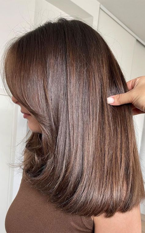 Chestnut Brown Hair Medium Length, Latest Hair Colour Trend 2024, Straight Brown Hair With Layers, Bob Hairstyles One Length, 2023 Brown Hair, Brown Hair With Highlights Brown, Hair With Highlights Brown, Hair Colors Brown, Milk Chocolate Hair Color